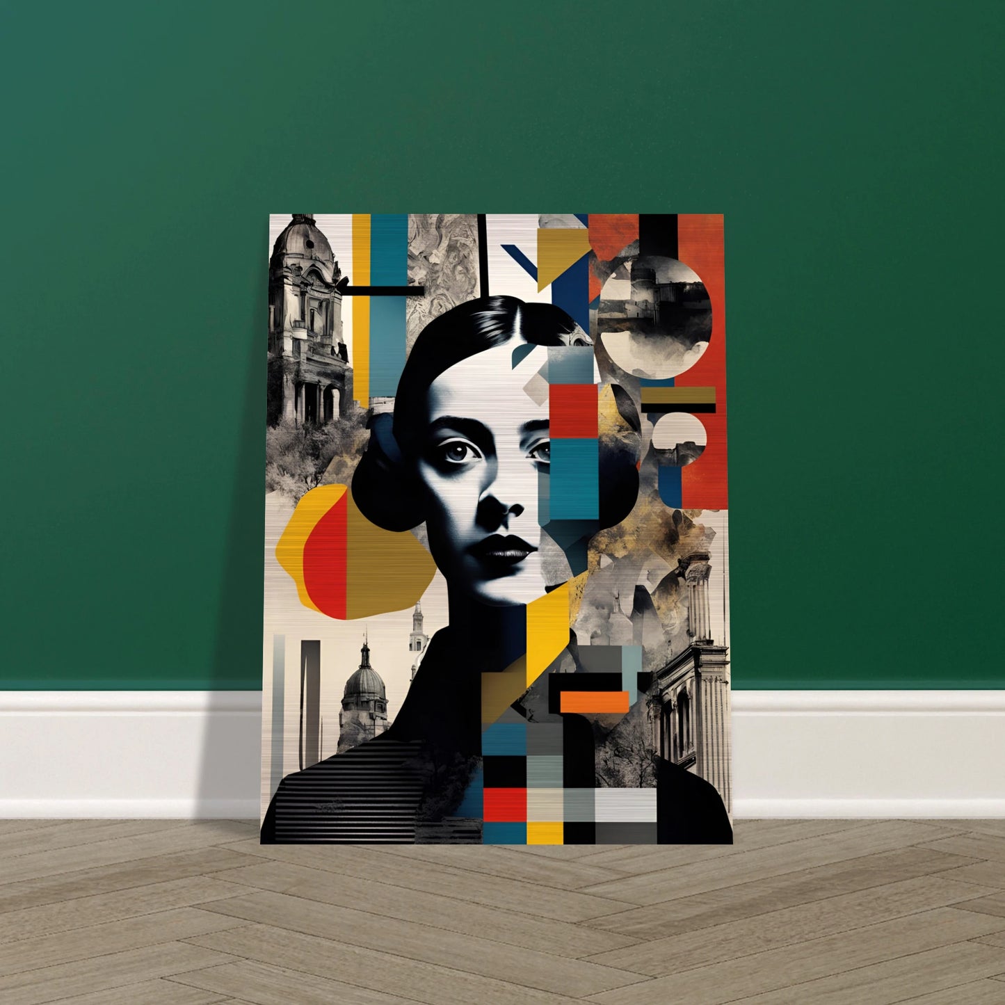 A striking portrait of a woman interwoven with geometric patterns, vintage architecture, and fragmented colors, symbolizing time and identity.