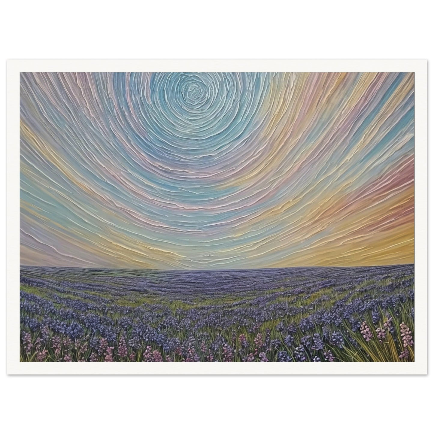 Surreal painting of a vast lavender field under a swirling pastel sky, creating a dreamlike atmosphere.