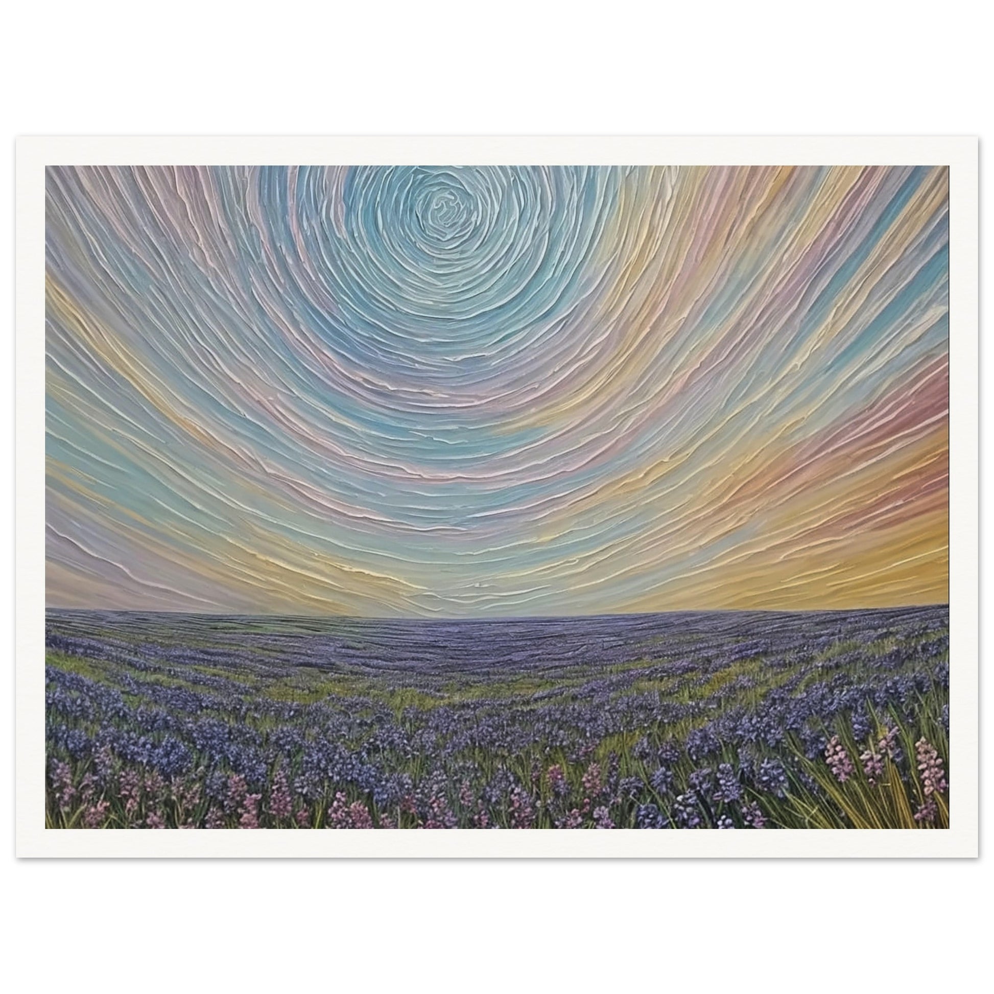 Surreal painting of a vast lavender field under a swirling pastel sky, creating a dreamlike atmosphere.