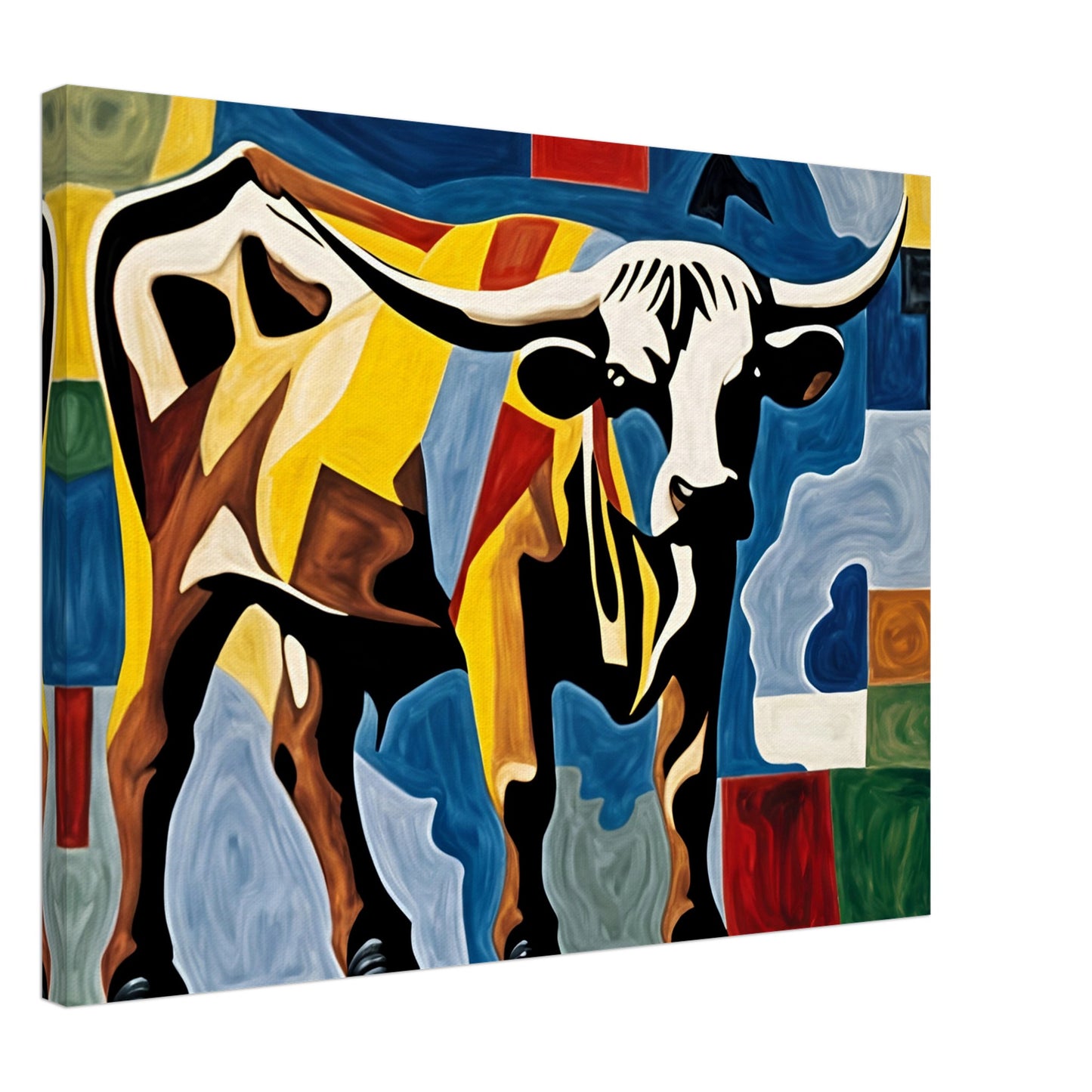 A striking painting of a longhorn bull in a colorful, geometric style, featuring bold hues of yellow, blue, red, and black.