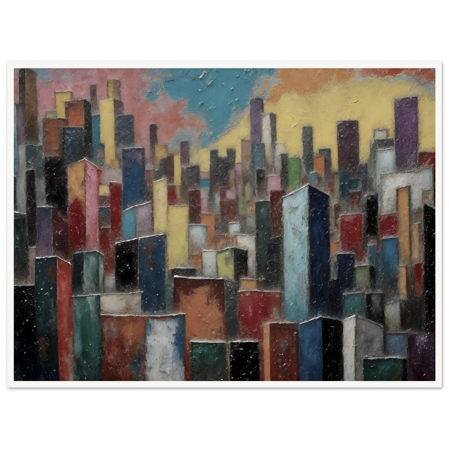 A dense skyline of colorful towers rises beneath a pastel sky, blending urban energy with painterly texture.