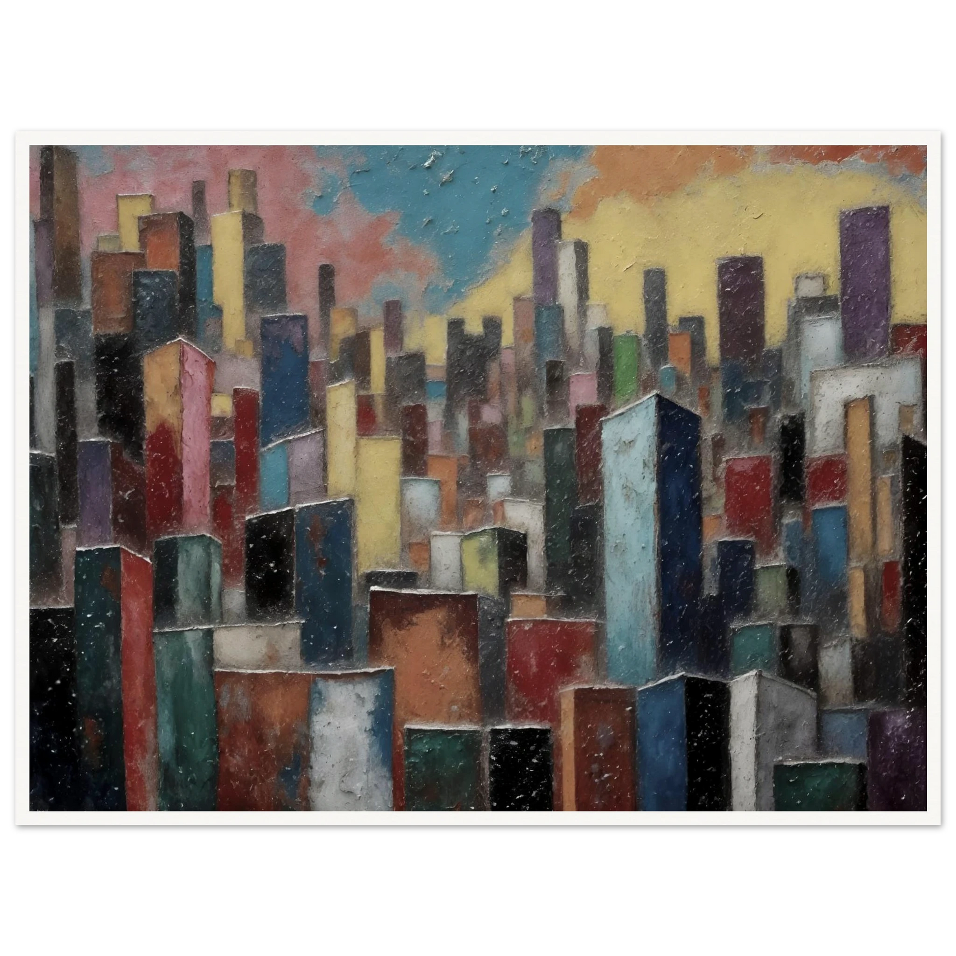 A dense skyline of colorful towers rises beneath a pastel sky, blending urban energy with painterly texture.