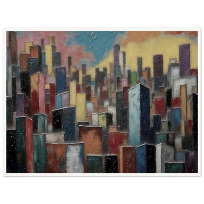 A dense skyline of colorful towers rises beneath a pastel sky, blending urban energy with painterly texture.
