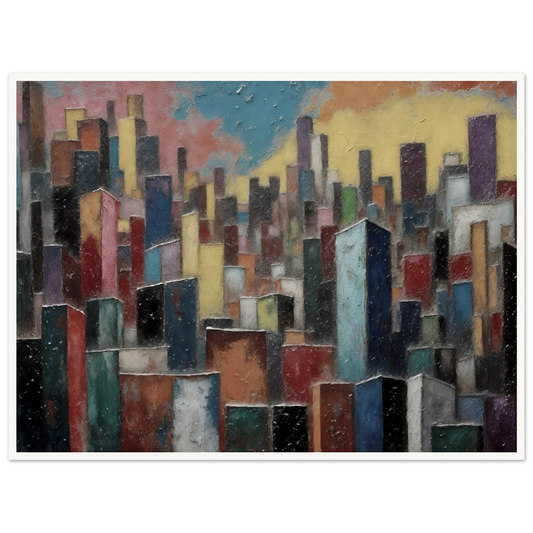 A dense skyline of colorful towers rises beneath a pastel sky, blending urban energy with painterly texture.