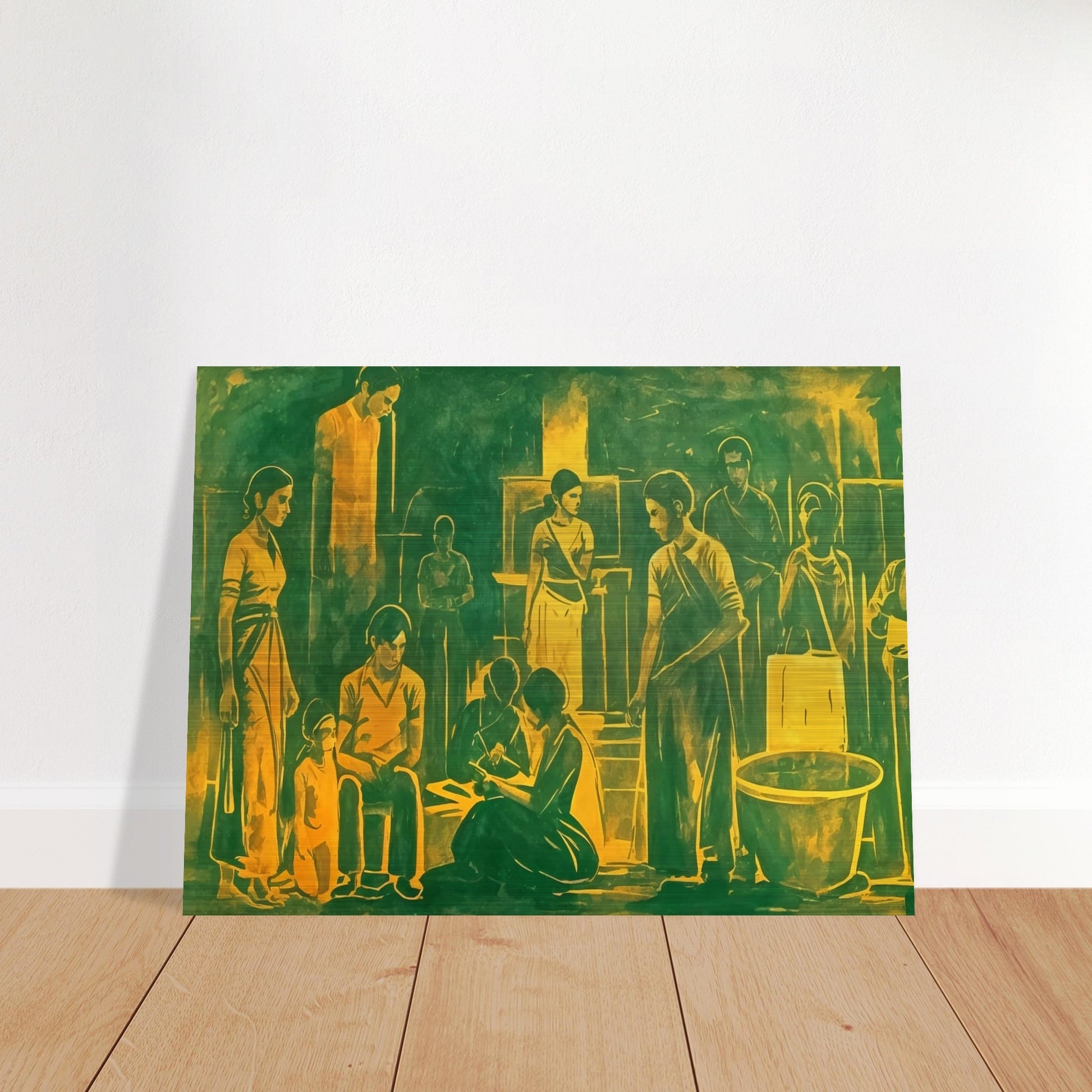 An evocative painting depicting a group of people gathered in a communal space, engaged in various activities. The figures are rendered in warm green and yellow tones, creating a harmonious and unified atmosphere. The scene captures a moment of interaction and shared experience, with each character absorbed in their own task, yet connected to the collective setting. The composition is filled with a sense of quiet strength and unity, highlighting the bonds within the community.