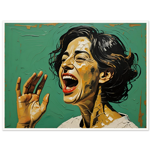 A vibrant portrait of a woman mid-laughter, her expression full of joy and energy, set against a textured green background with bold strokes.