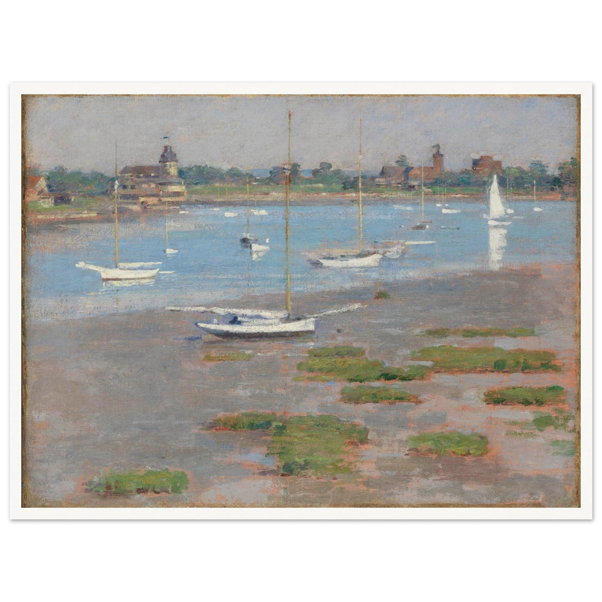 Sailboats rest at low tide near Riverside Yacht Club under hazy blue skies