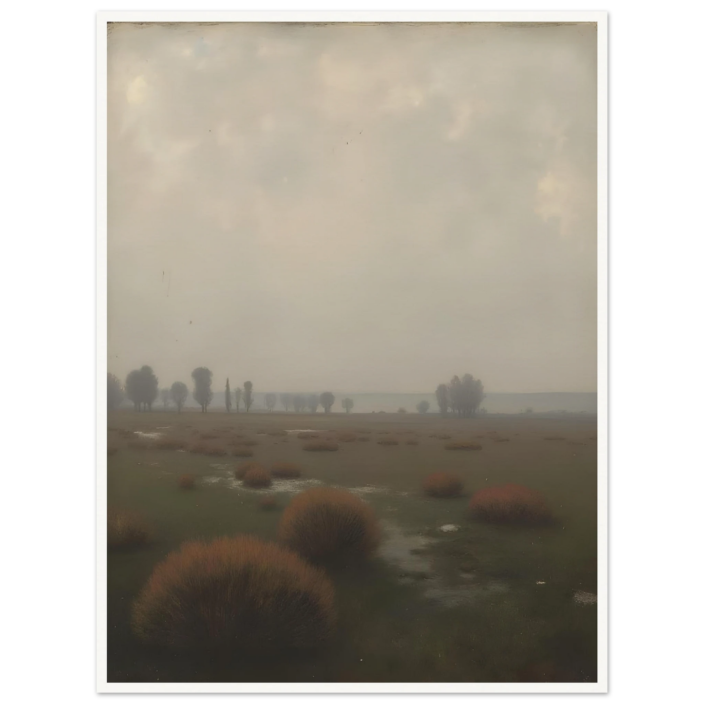 A misty field with distant trees under a pale sky, capturing the quiet stillness of a fog-laden morning.