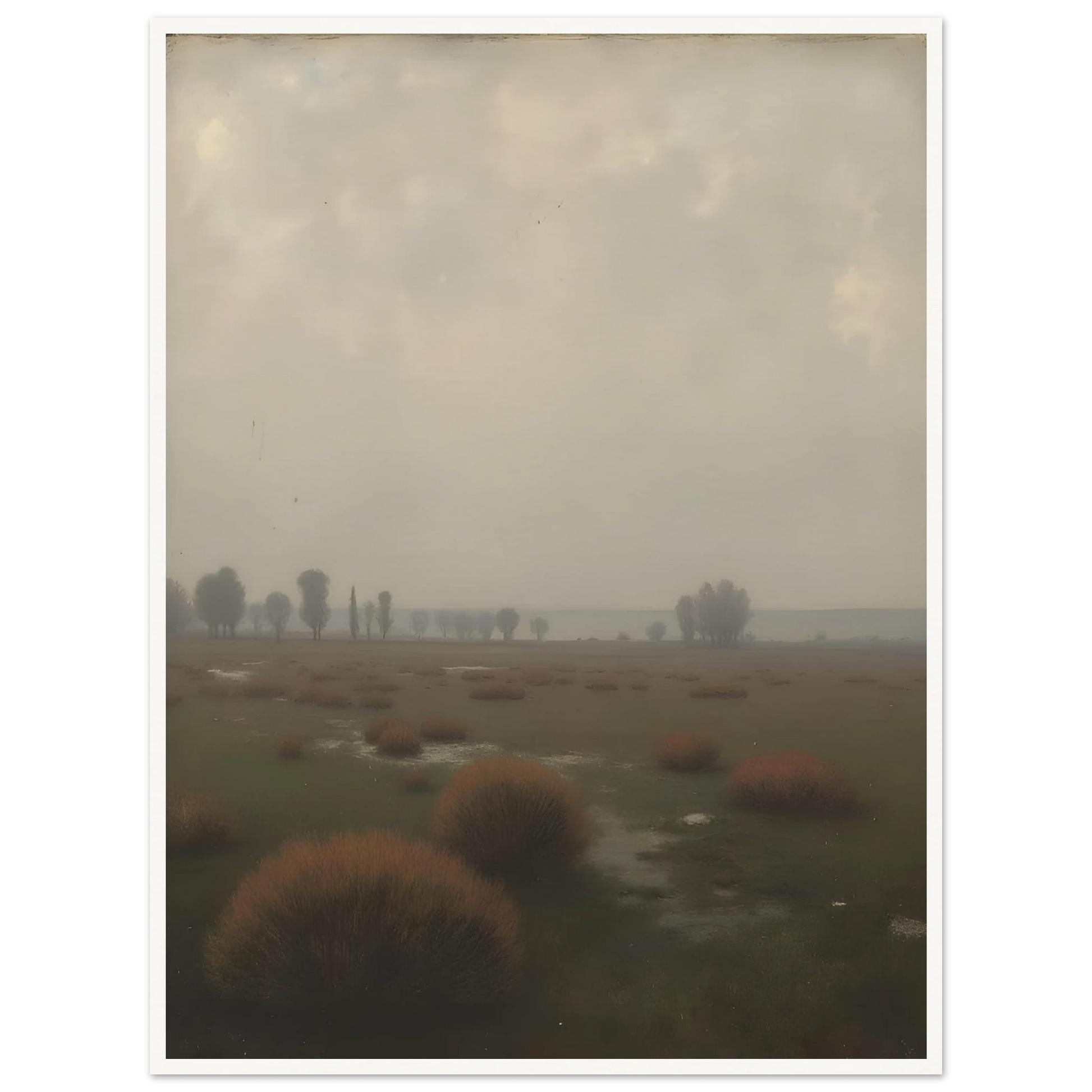 A misty field with distant trees under a pale sky, capturing the quiet stillness of a fog-laden morning.