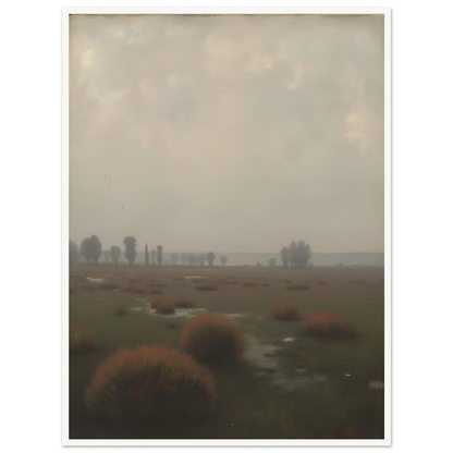 A misty field with distant trees under a pale sky, capturing the quiet stillness of a fog-laden morning.