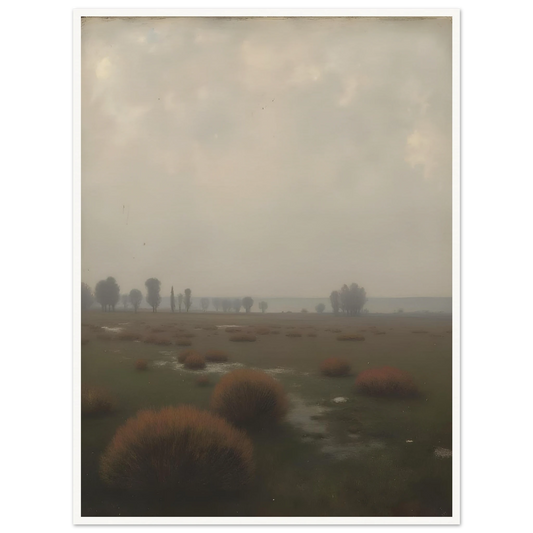 A misty field with distant trees under a pale sky, capturing the quiet stillness of a fog-laden morning.