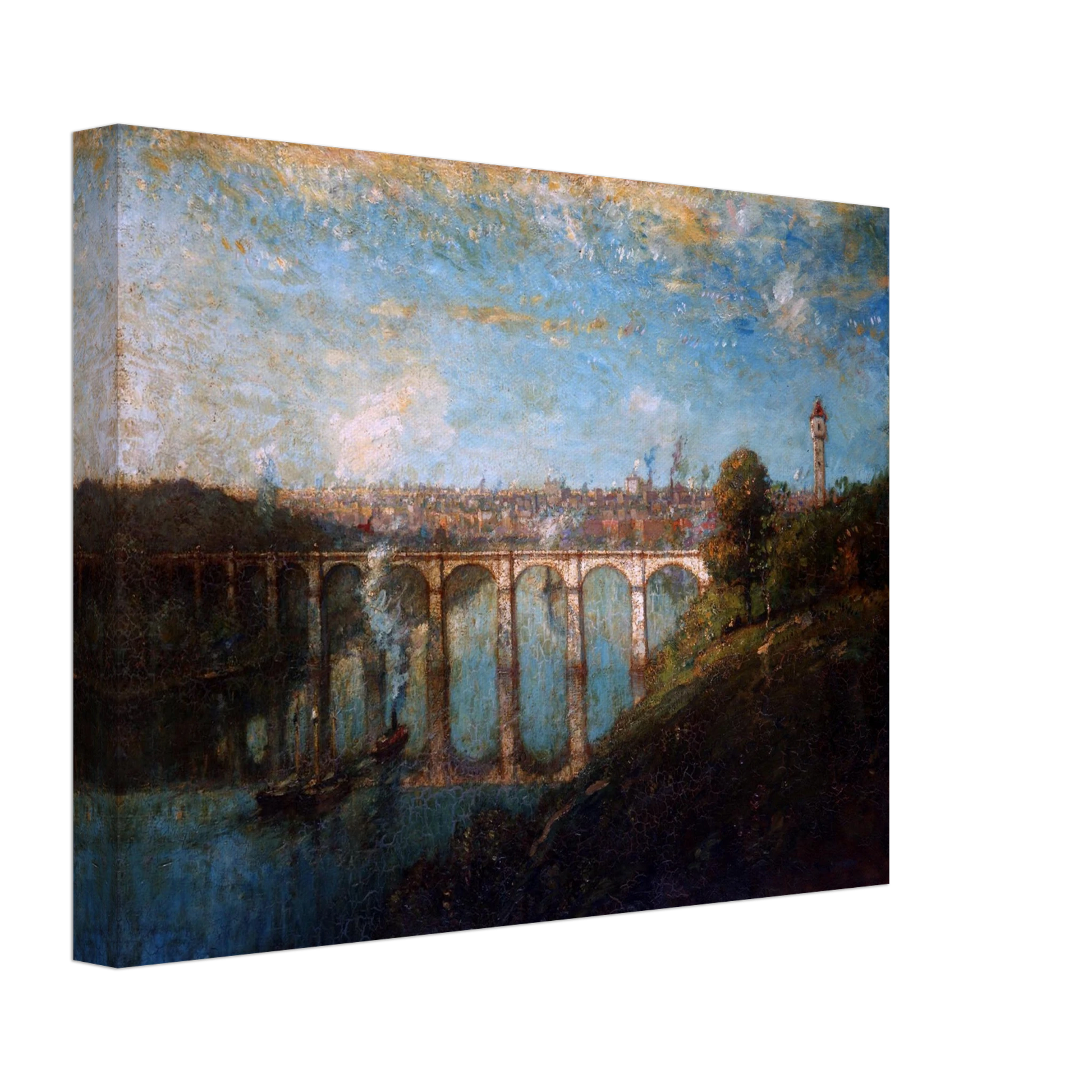 Arched bridge spans a blue river beneath a city skyline and tall tower