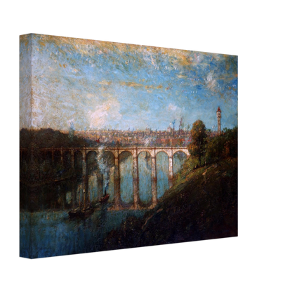 Arched bridge spans a blue river beneath a city skyline and tall tower