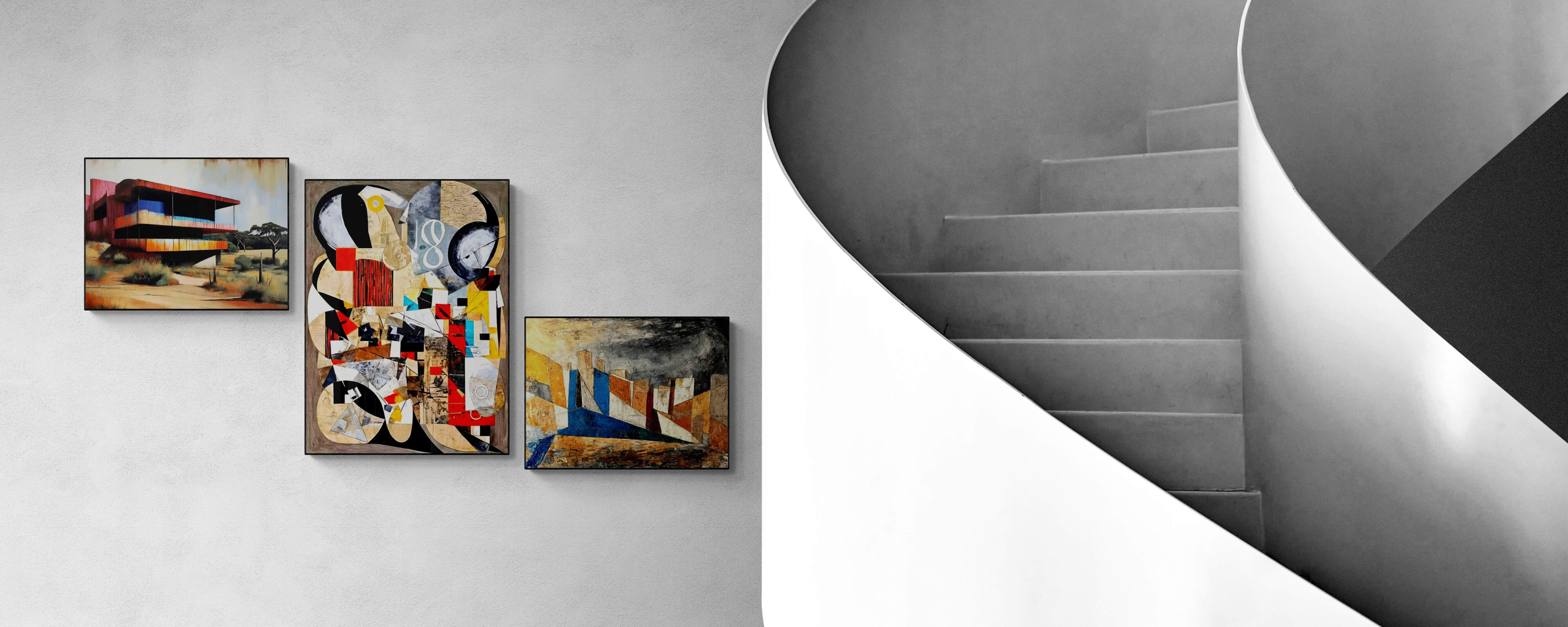 Modern interior with abstract and architectural-themed wall art pieces beside a minimalist spiral staircase in a grayscale palette.