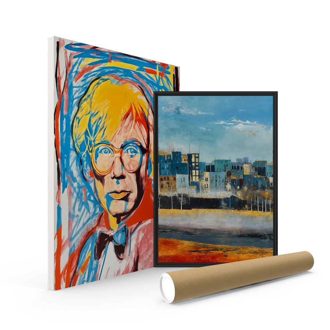 Vibrant abstract portrait of a man with glasses and colorful cityscape artwork, displayed alongside a rolled-up art print.