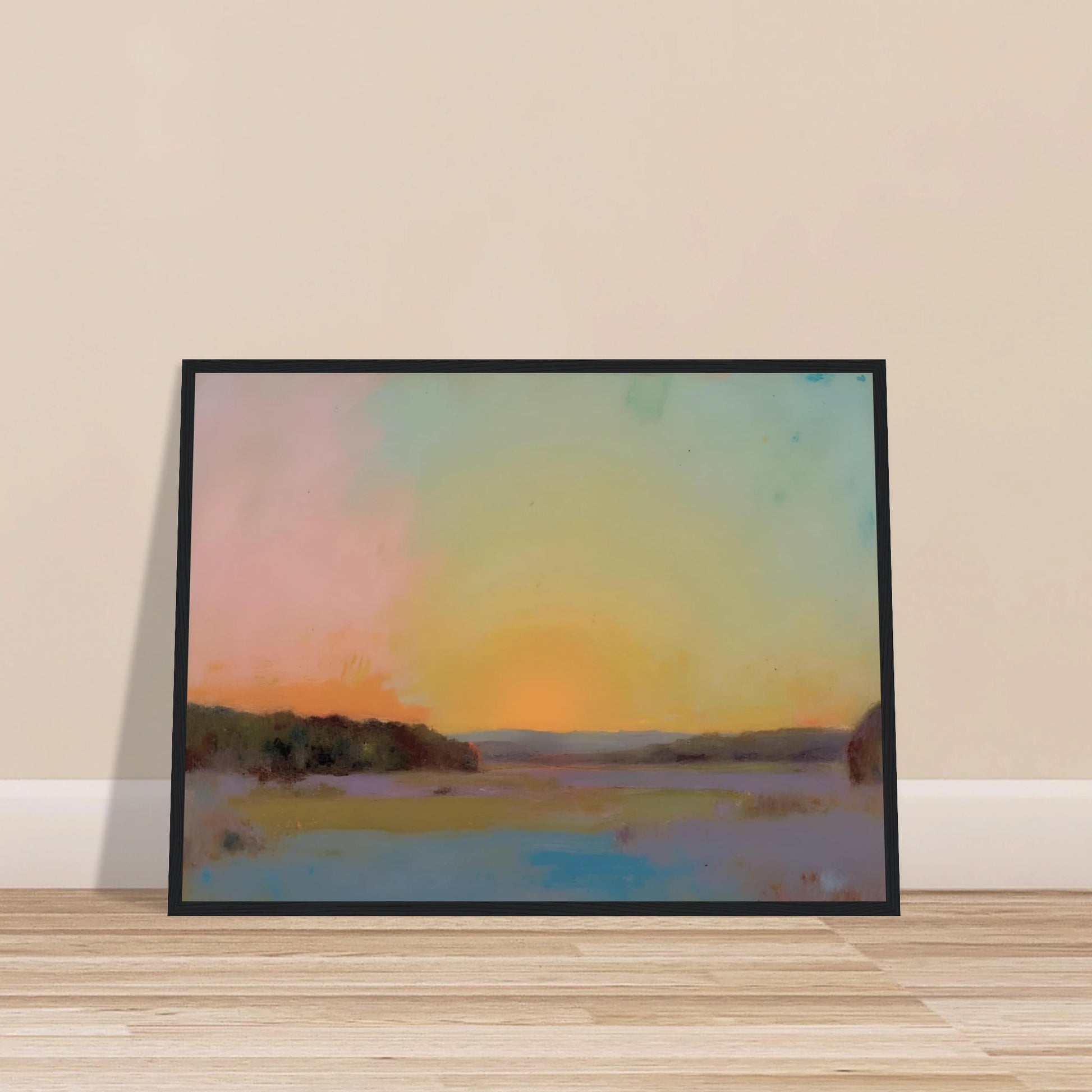 A pastel-toned sunrise casts soft pink, yellow, and blue hues over tranquil open fields bordered by distant trees.