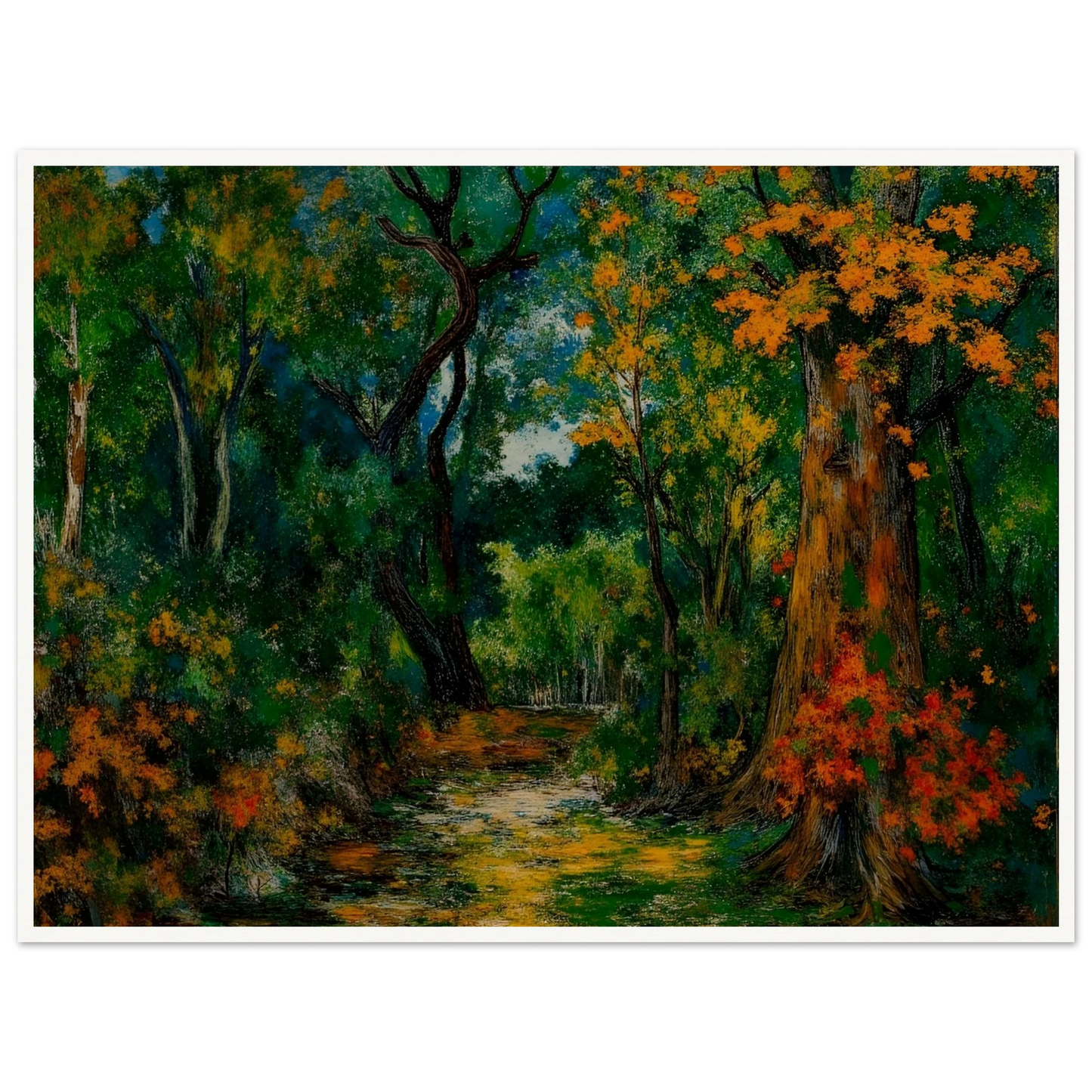A richly colored forest scene featuring a winding path through dense green woods, framed by tall trees with vibrant orange and golden autumn foliage.