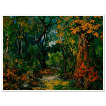 A richly colored forest scene featuring a winding path through dense green woods, framed by tall trees with vibrant orange and golden autumn foliage.