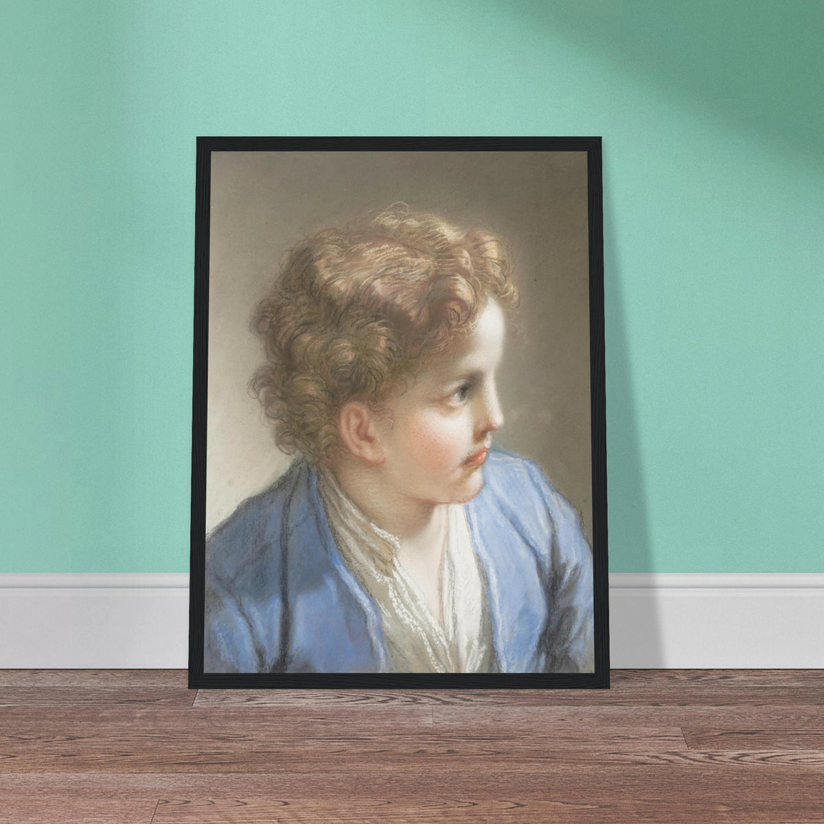 A young boy in a blue jacket looks to the side, softly rendered in pastel with warm curls and gentle light.