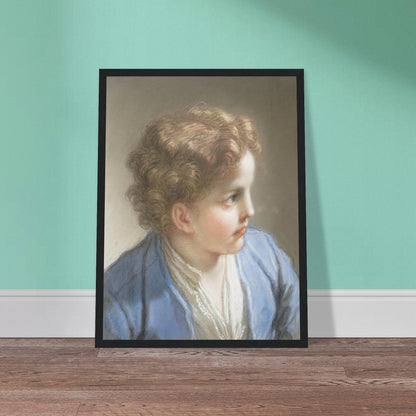 A young boy in a blue jacket looks to the side, softly rendered in pastel with warm curls and gentle light.