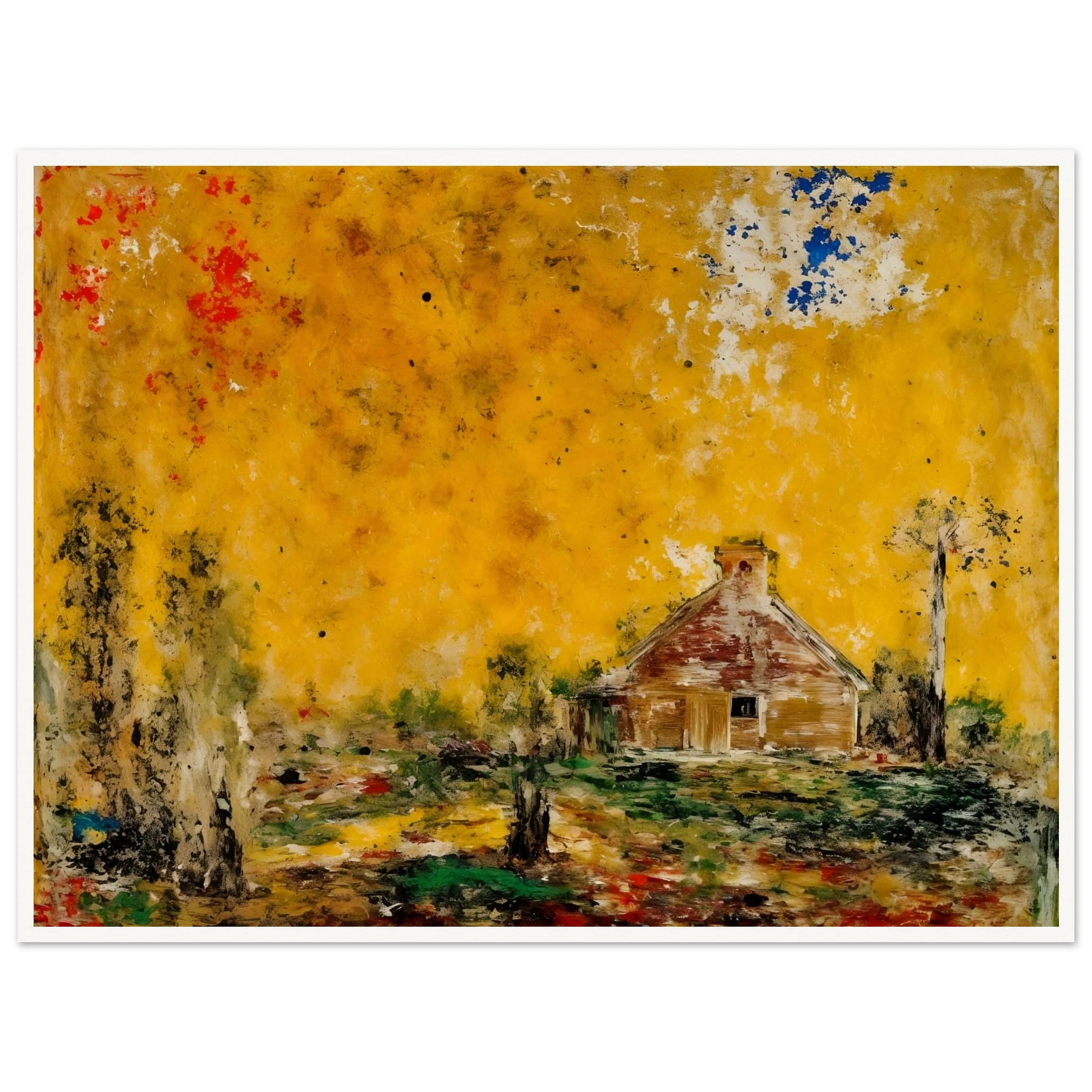 Rustic house rests beneath a golden sky with dark trees, green ground, and scattered red and blue marks.