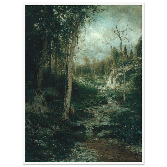 Shaded forest clearing with a rocky stream, tall trees, and soft blue-green light
