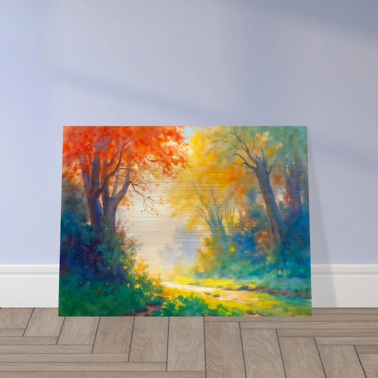 Luminous forest path framed by fiery autumn leaves, golden sunlight, and misty blue-green woods in a vibrant dreamlike landscape.