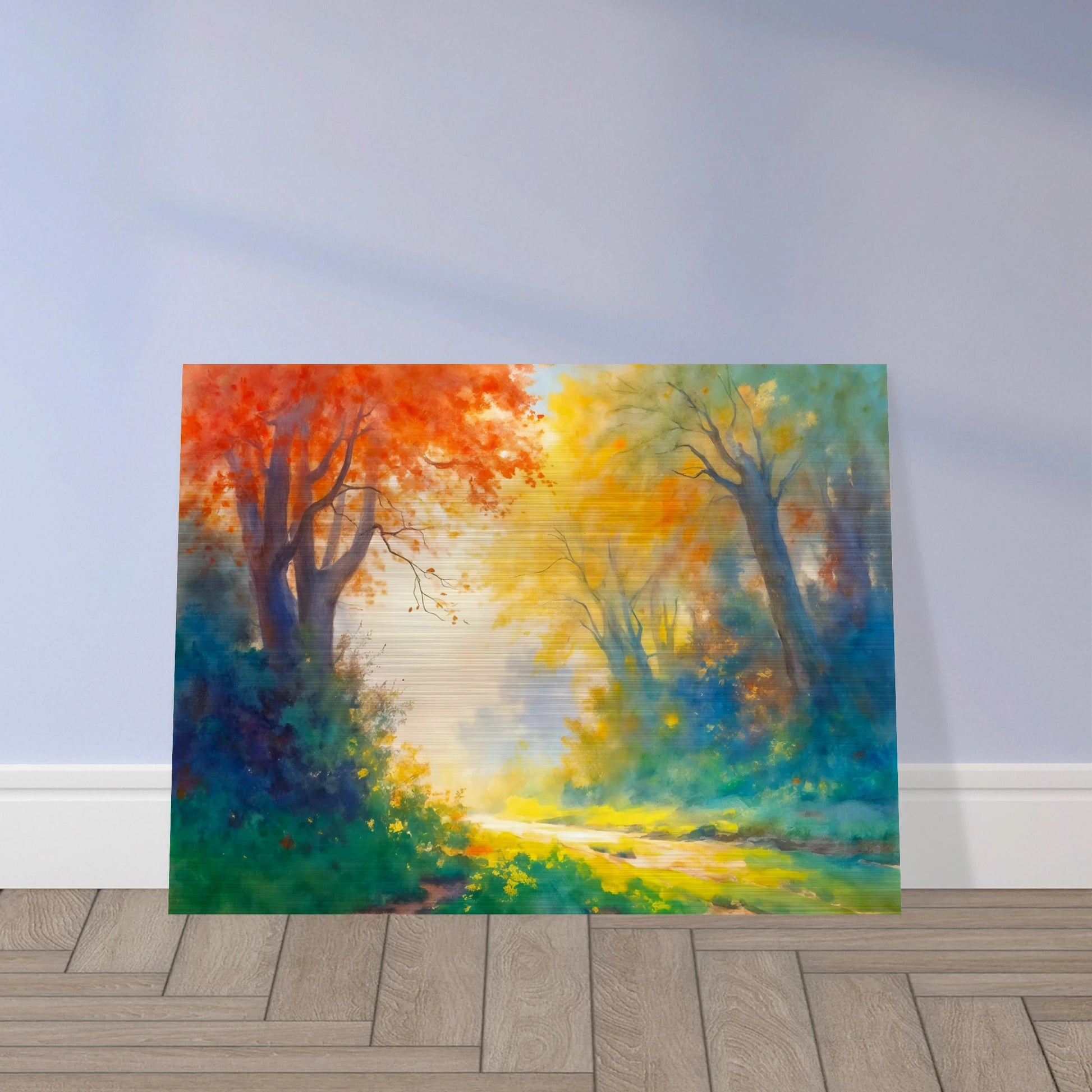 Luminous forest path framed by fiery autumn leaves, golden sunlight, and misty blue-green woods in a vibrant dreamlike landscape.