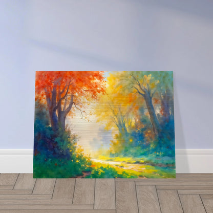 Luminous forest path framed by fiery autumn leaves, golden sunlight, and misty blue-green woods in a vibrant dreamlike landscape.