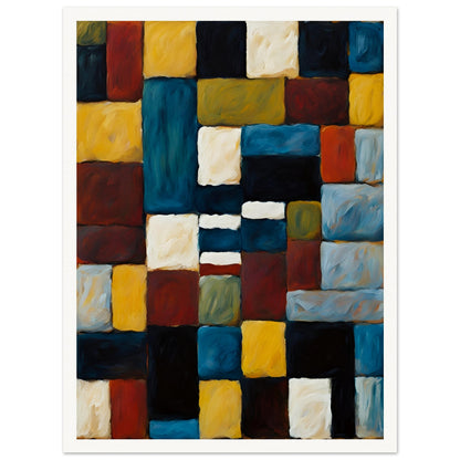 A rich, textured geometric painting featuring interlocking squares and rectangles in deep blue, gold, red, and black, creating a bold composition.
