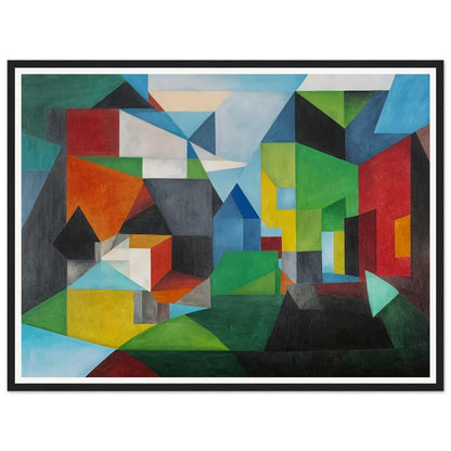 Abstract painting with vibrant geometric shapes forming a village-like scene with houses and landscapes.