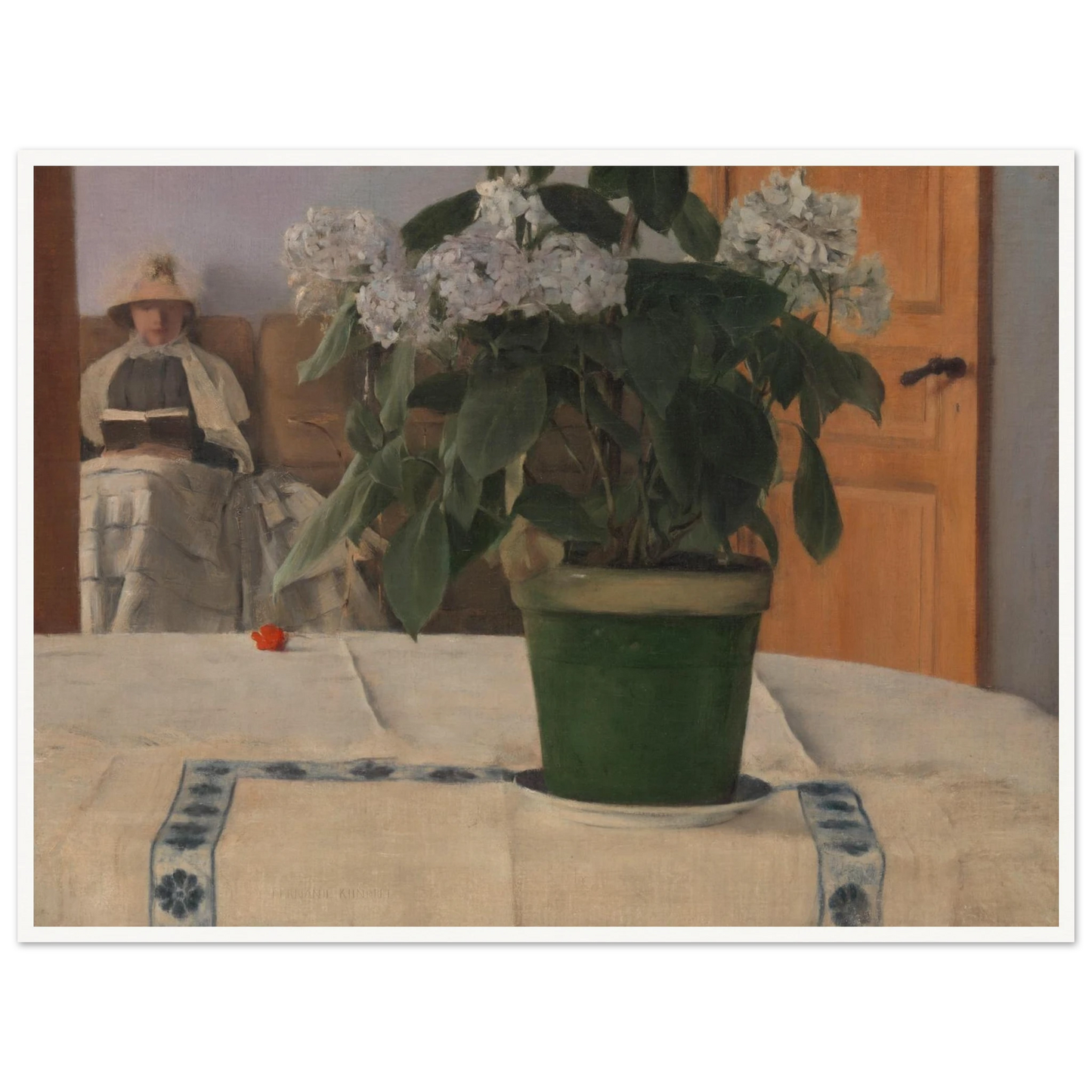 A potted hydrangea dominates a quiet interior as a bonneted woman reads in the softly lit background.