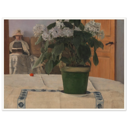 A potted hydrangea dominates a quiet interior as a bonneted woman reads in the softly lit background.