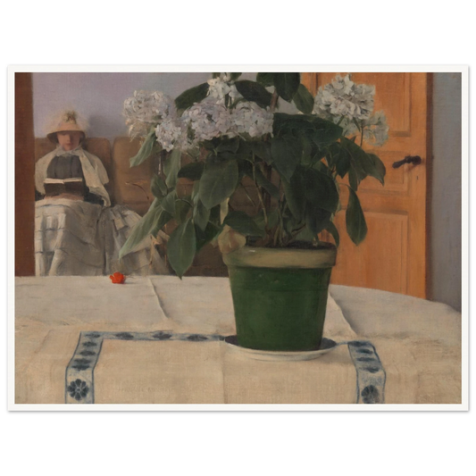 A potted hydrangea dominates a quiet interior as a bonneted woman reads in the softly lit background.