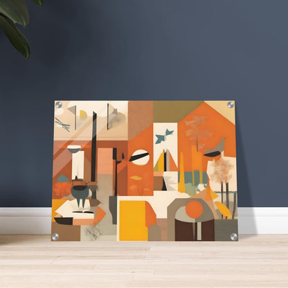 An abstract artwork featuring geometric shapes, warm autumnal tones of orange, brown, and yellow, with depictions of trees, birds, and nature-inspired elements