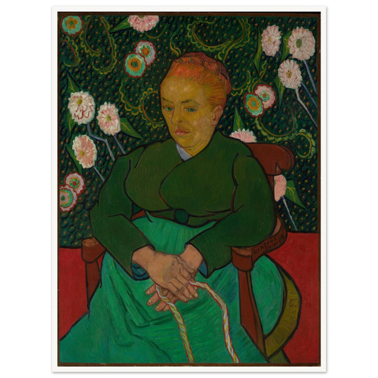 A seated woman in green holds a cradle rope before a dark floral background with pink blossoms.