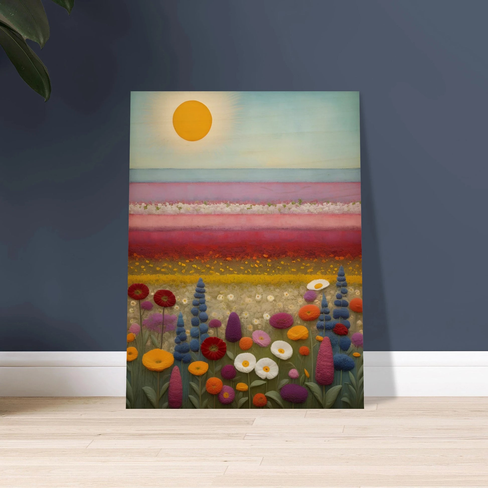 A vibrant field of multicolored flowers stretches under a golden sun, with pastel pink and purple layers blending into the horizon.
