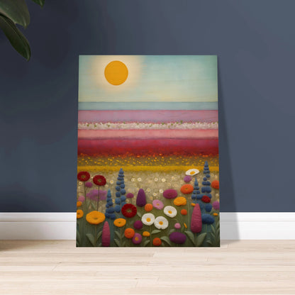 A vibrant field of multicolored flowers stretches under a golden sun, with pastel pink and purple layers blending into the horizon.