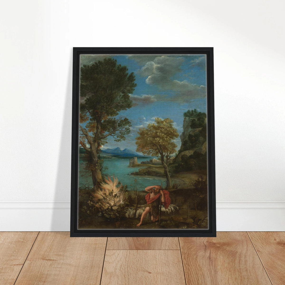 Moses kneels near the burning bush in a classical landscape with trees, sheep, lake, and distant mountains.
