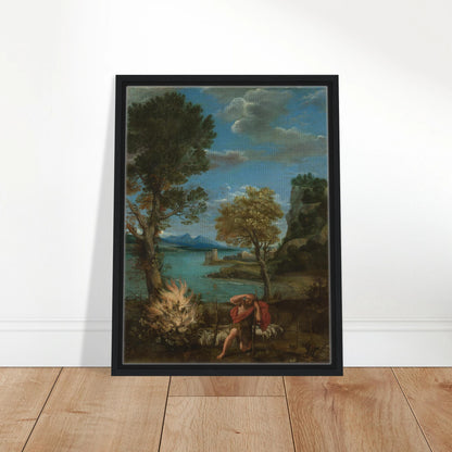 Moses kneels near the burning bush in a classical landscape with trees, sheep, lake, and distant mountains.