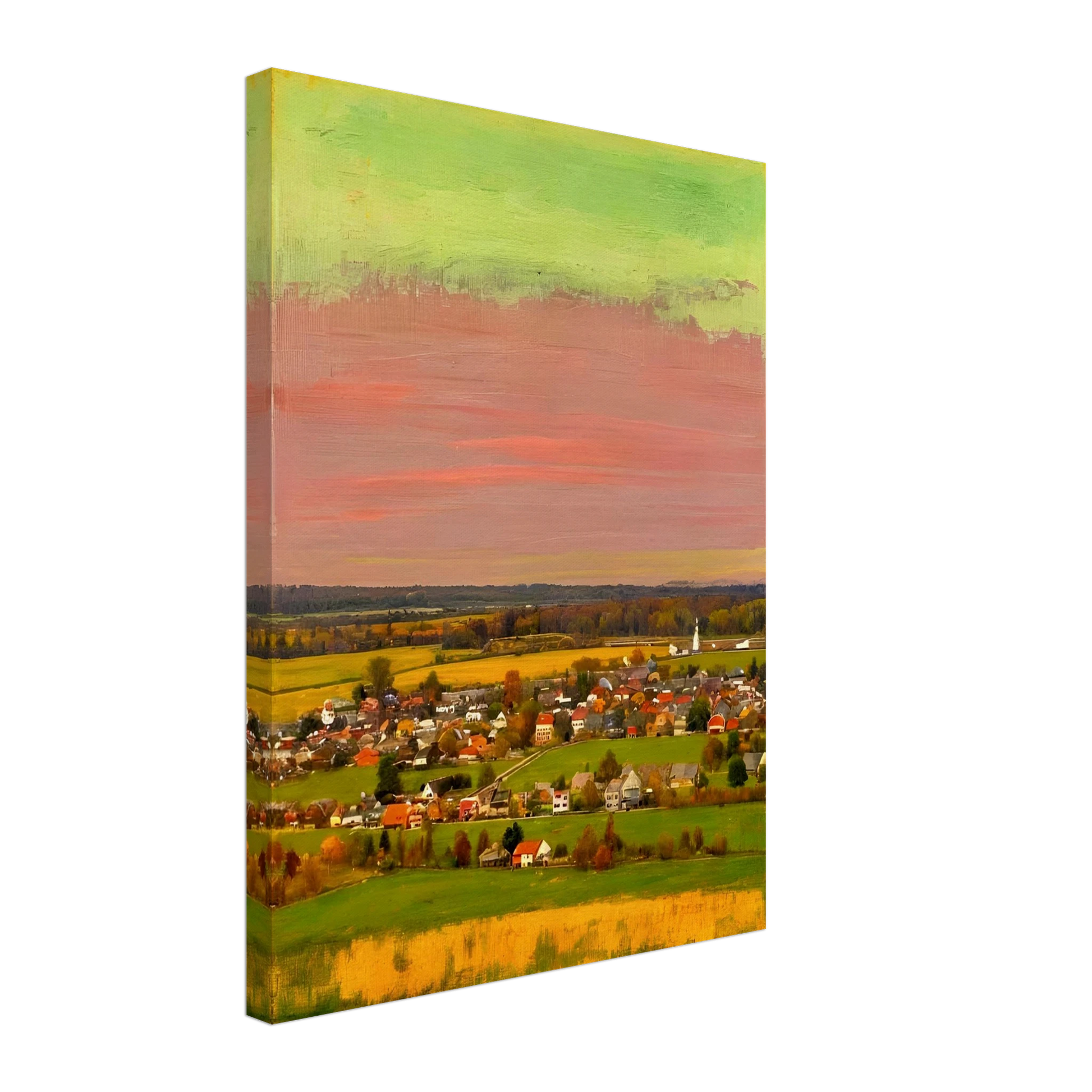 Sunset-lit village landscape with vivid pink, green, and yellow skies over fields and houses.