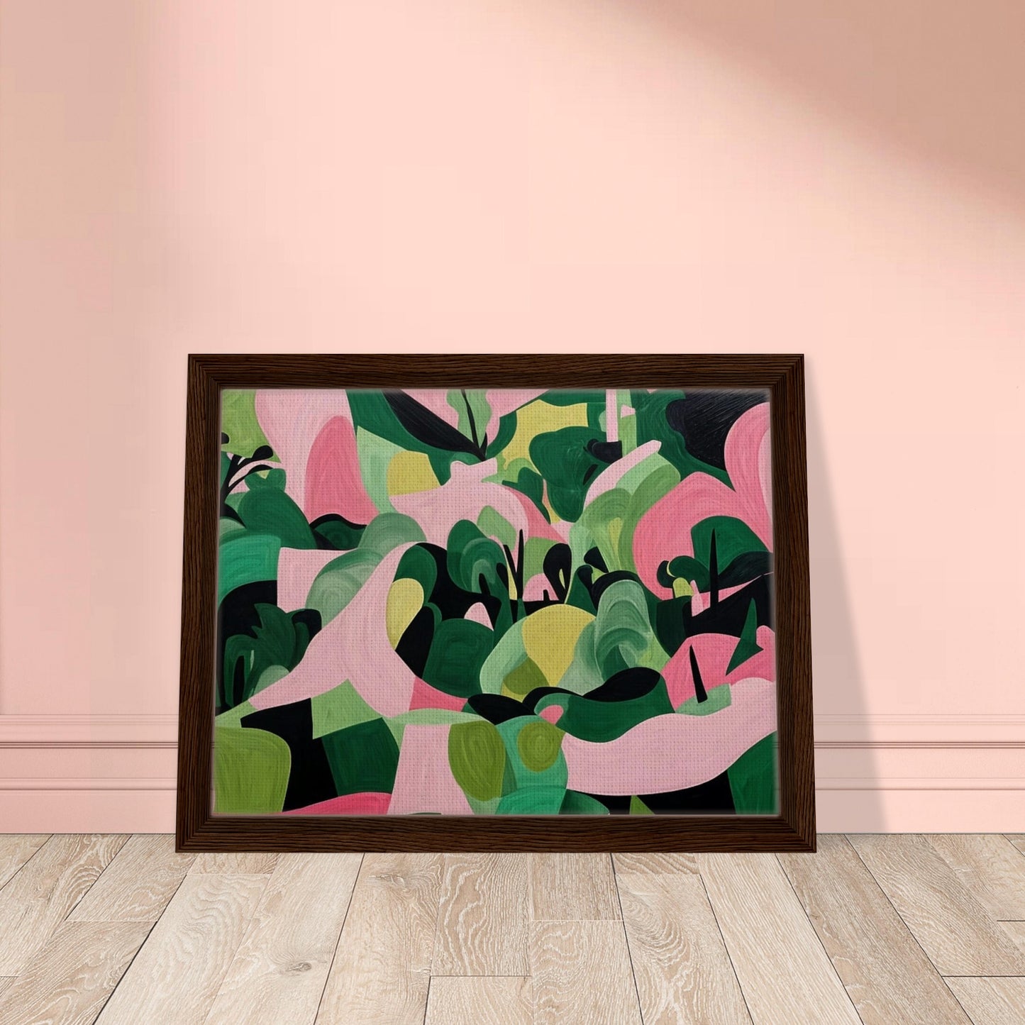 "An abstract painting filled with organic green and pink shapes, resembling a vibrant landscape of rolling hills and trees in a surreal, geometric style."