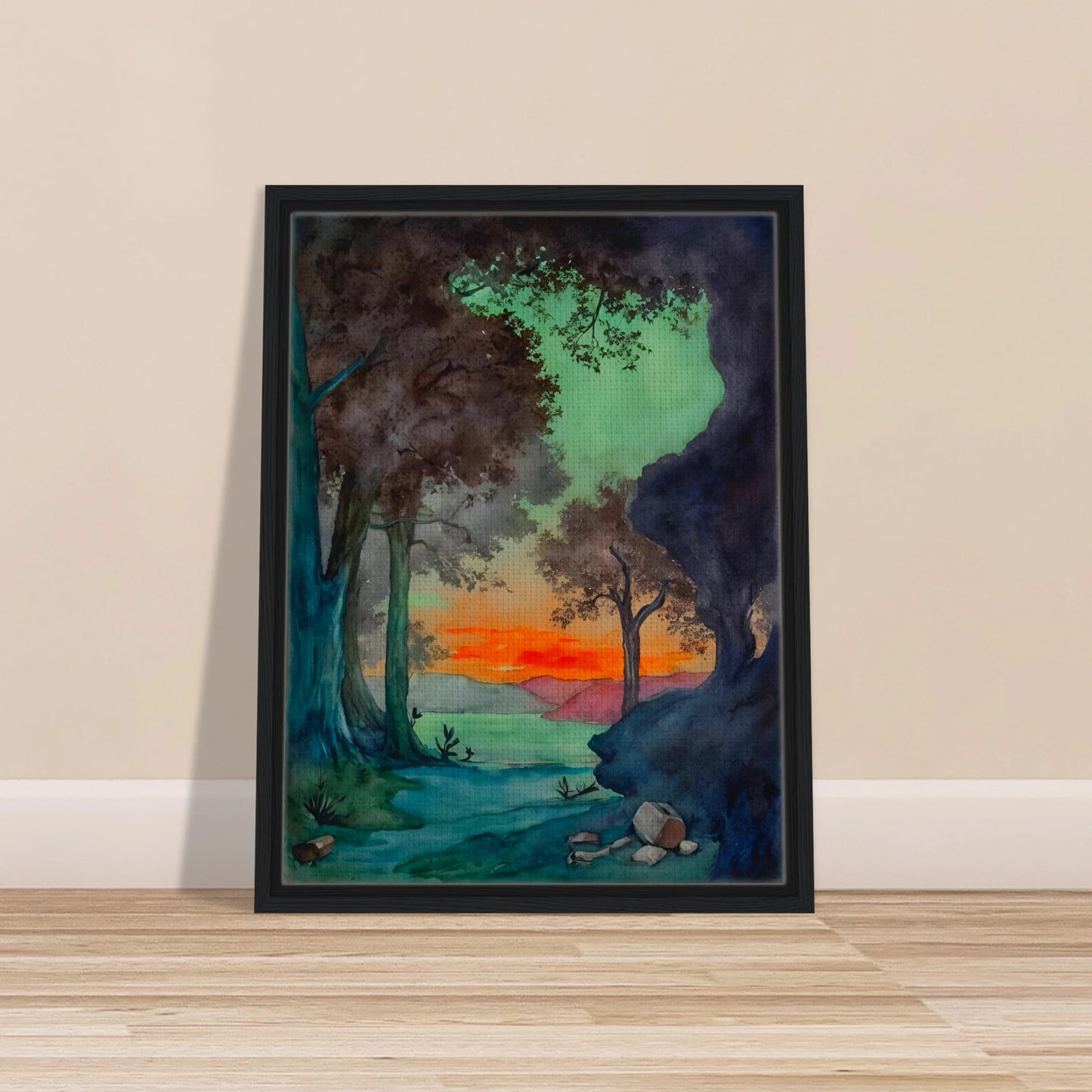 Sunset glows behind a forest clearing and mountain lake, framed by dark trees and vivid green and blue shadows.