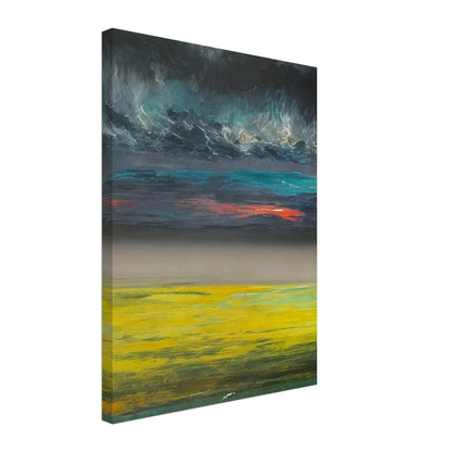 A dramatic landscape painting featuring a vibrant yellow field under a dark, stormy sky with a hint of sunset colors.