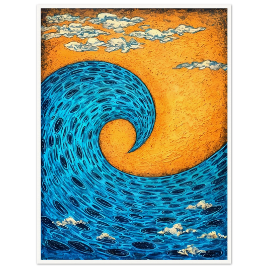 A stylized curling blue wave rises beneath a vivid orange sky, where textured clouds drift through the surreal seascape.