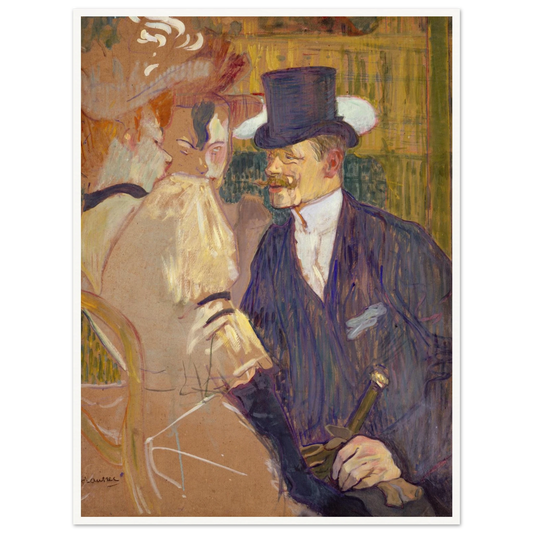 Top-hatted Englishman chats with two women in a lively Moulin Rouge scene