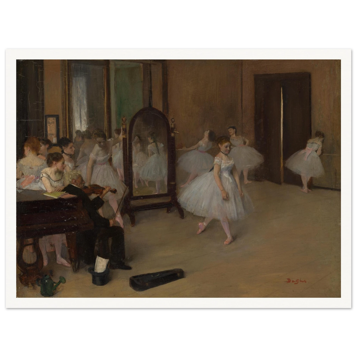 Ballet dancers rehearse in a studio with a mirror, pianist, and open doorway