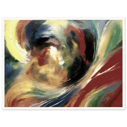 An abstract painting with swirling brushstrokes of vibrant colors, including red, yellow, blue, and green, creating a sense of dynamic movement