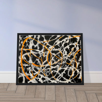 Dynamic black and white background with vibrant orange lines intertwining, creating an energetic and chaotic web of movement.