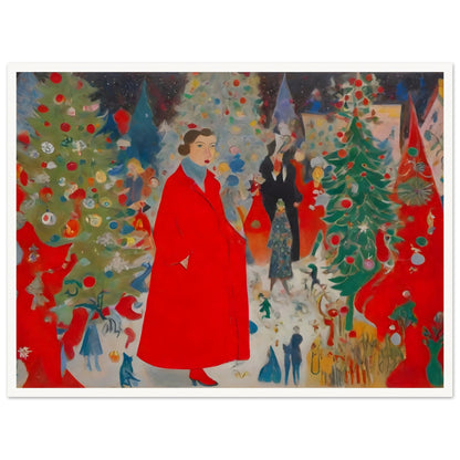 An expressive festive scene featuring a woman in a bold red coat surrounded by decorated Christmas trees and a lively holiday crowd.